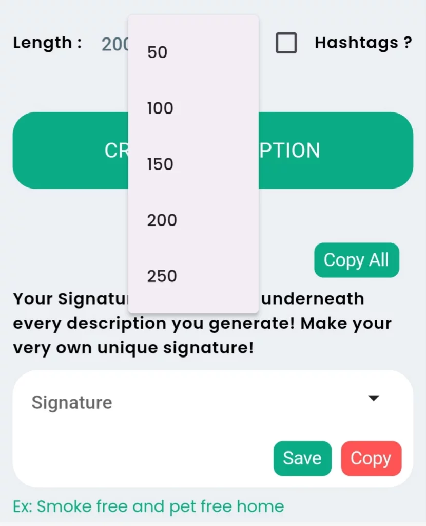 Description Length Dropdown